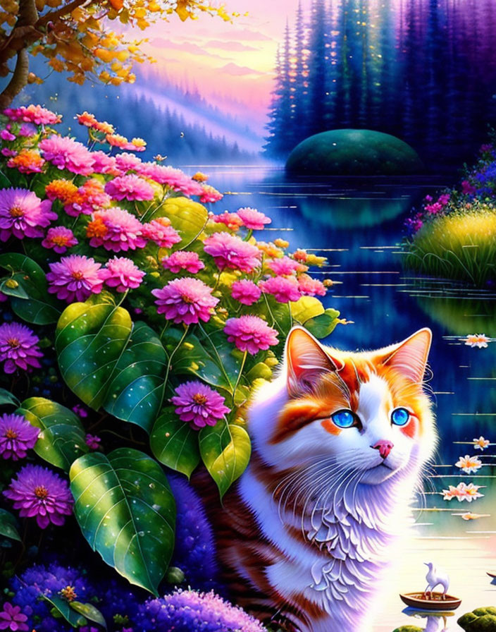 Colorful Cat with Blue Eyes in Lush Landscape with Blooming Flowers