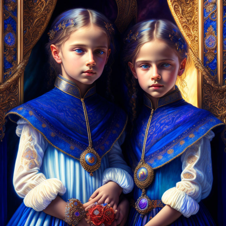 Twin girls in blue and gold medieval dresses with blue eyes and fair hair holding a red rose