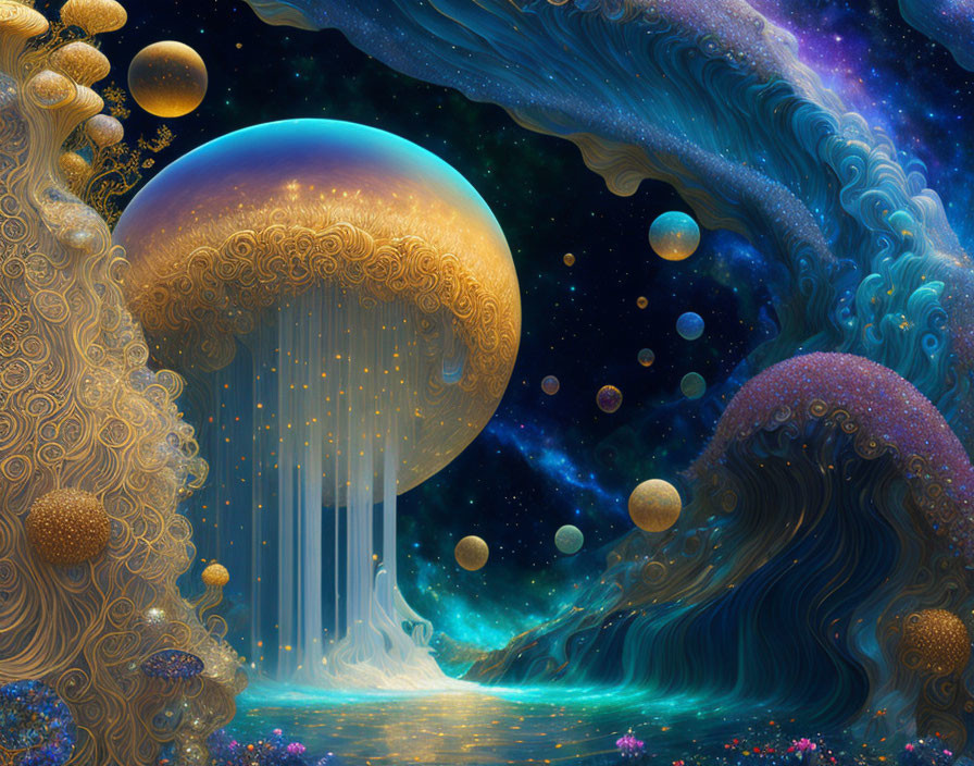 Cosmic landscape with golden spheres, light waterfall, starry sky