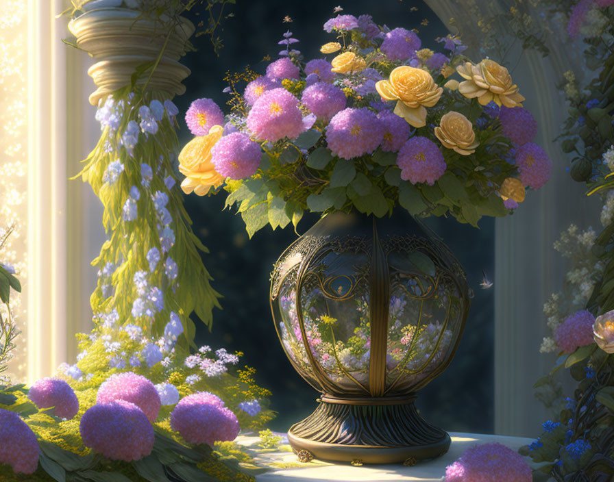 Classical vase with lush flowers on sunlit windowsill