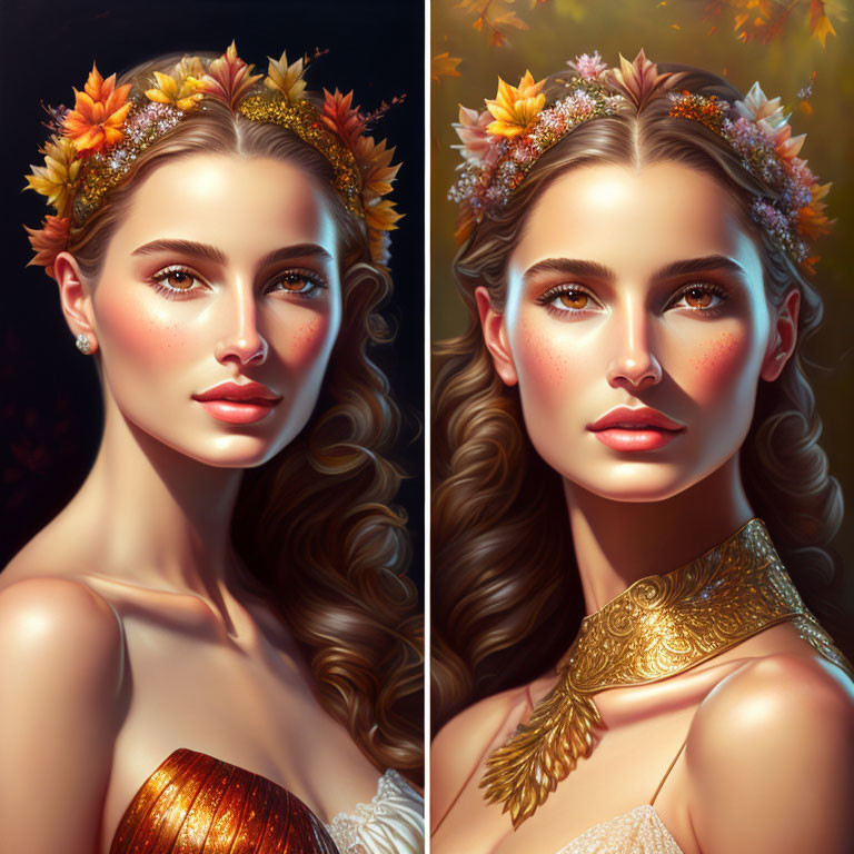 Portraits of woman with autumn leaf crowns in golden and soft light