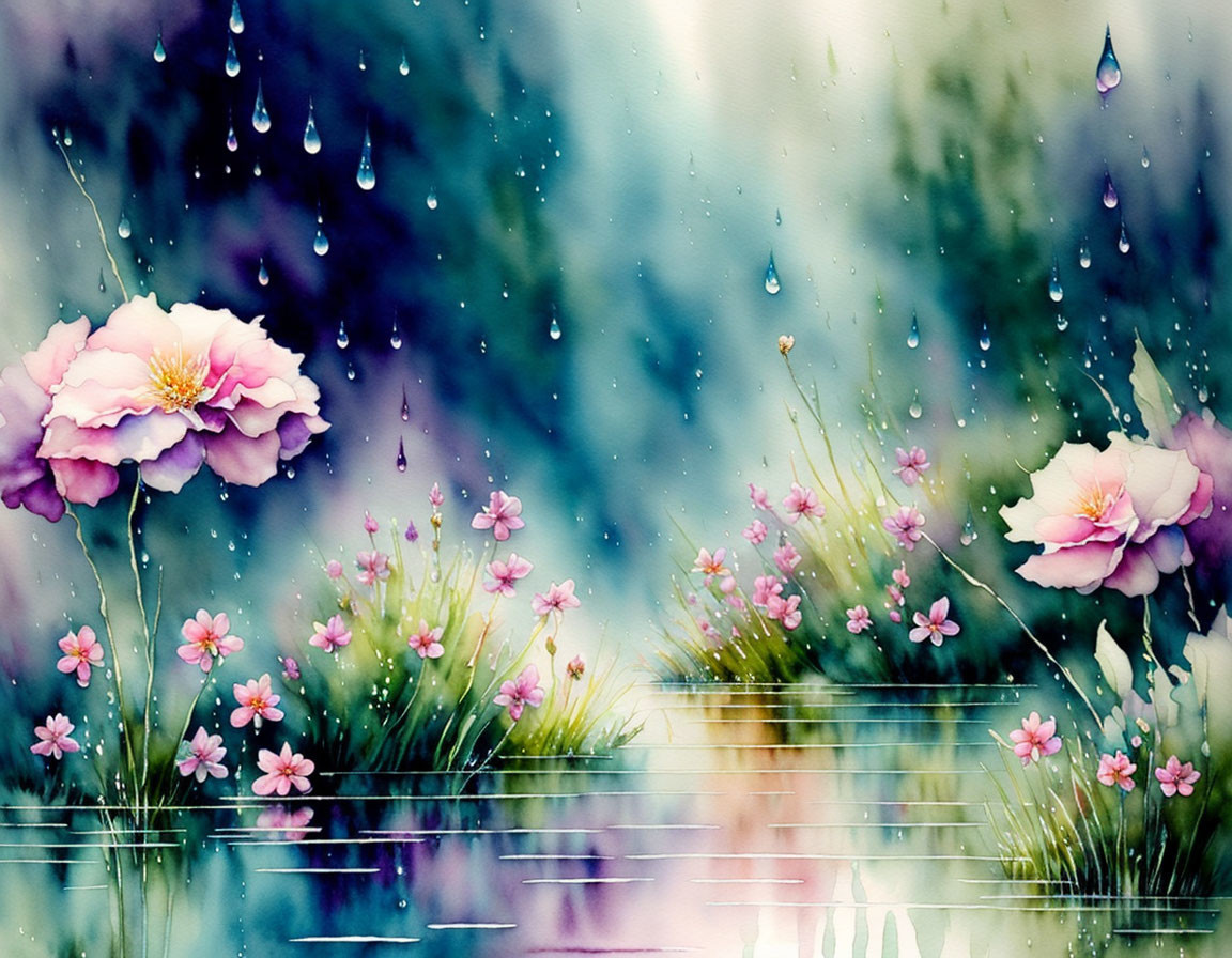 Delicate pink flowers in watercolor with raindrops on mirrored water