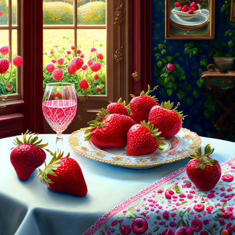 Plate of Strawberries on Floral Tablecloth with Garden View