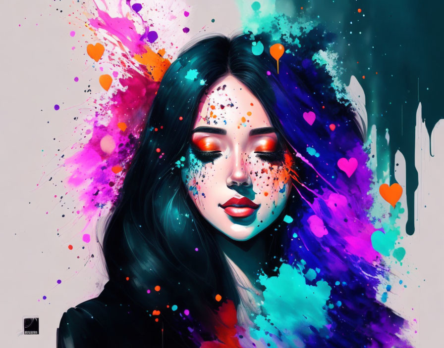 Vibrant digital portrait of a woman with blue and pink paint splashes and floating hearts