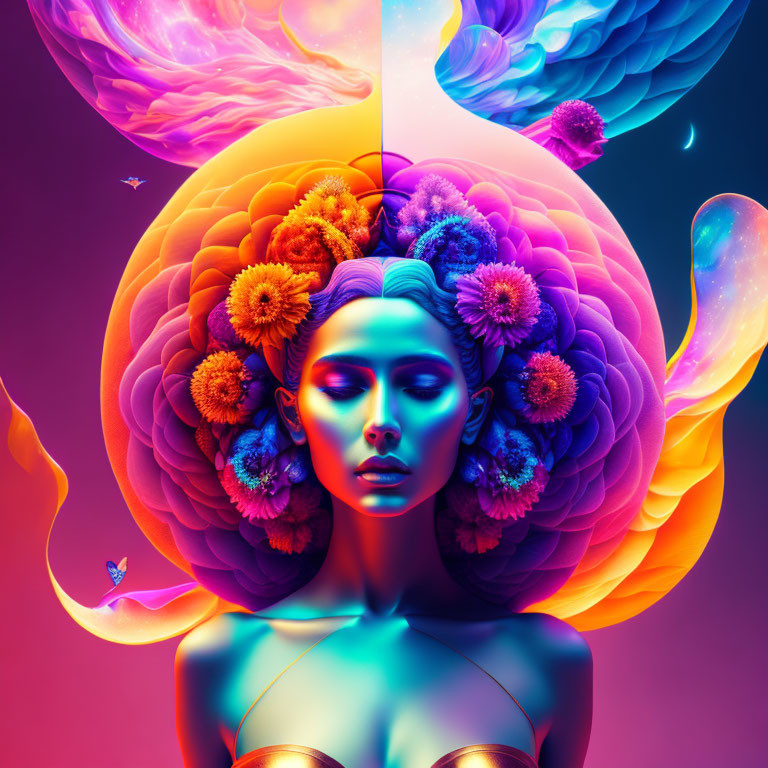 Symmetrical mind-floral design in vibrant woman portrait