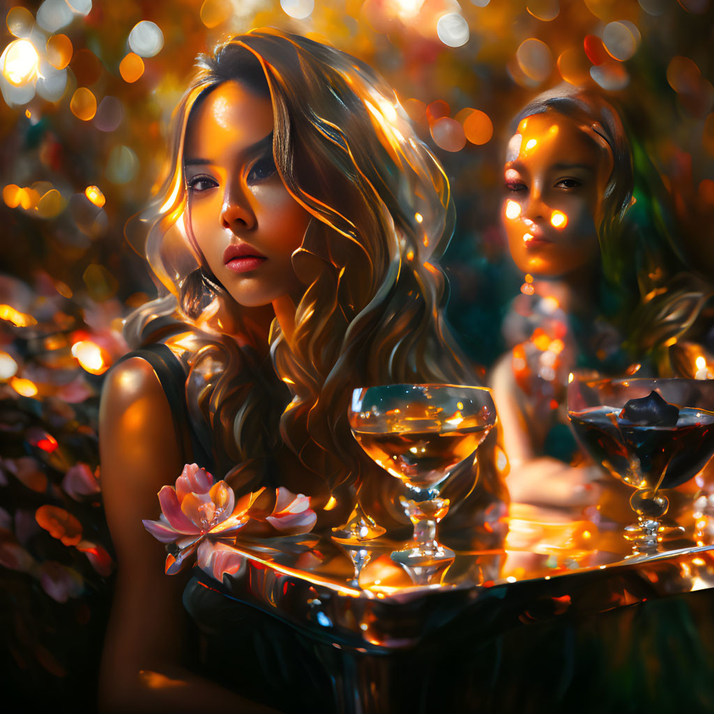 Woman with Wavy Hair at Table with Glasses and Flowers in Warm, Sparkling Lights