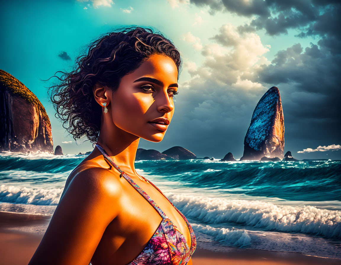 Curly-haired woman on beach with dramatic sunset and waves