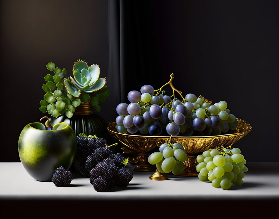 Vibrant green apple, ripe grapes, berries, and succulent plant on dark surface