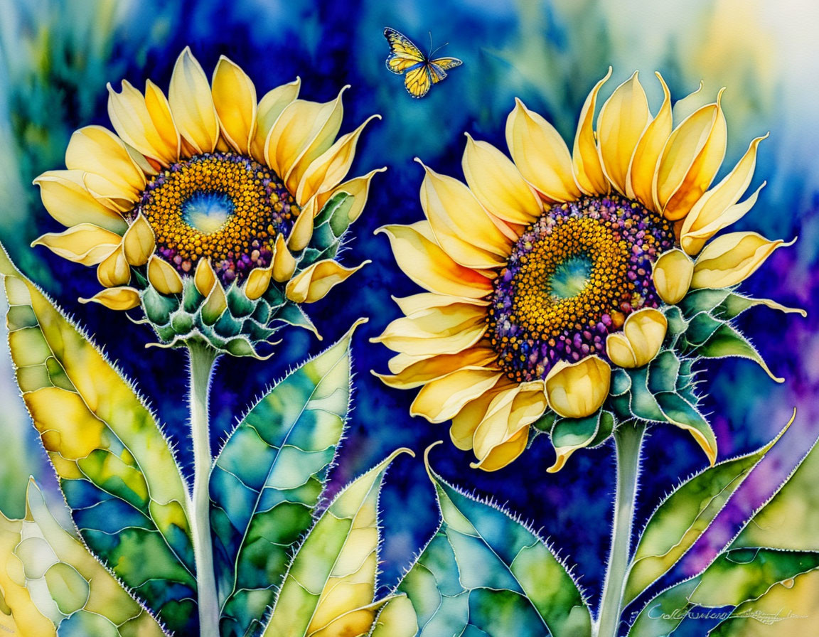 Sunflowers and butterfly in watercolor on blurred background