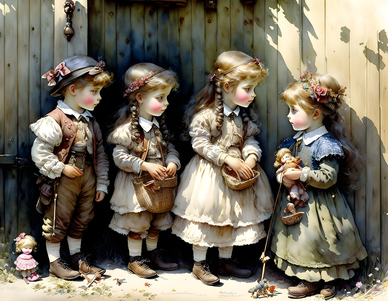 Vintage Porcelain Dolls in Old-Fashioned Clothing on Wooden Backdrop