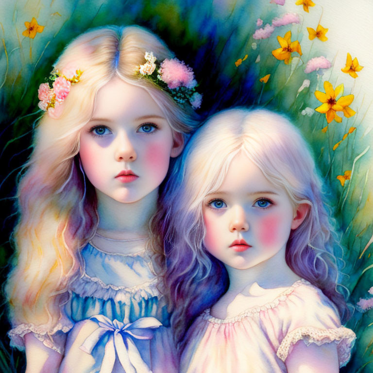 Young girls wearing floral crowns in front of flower background