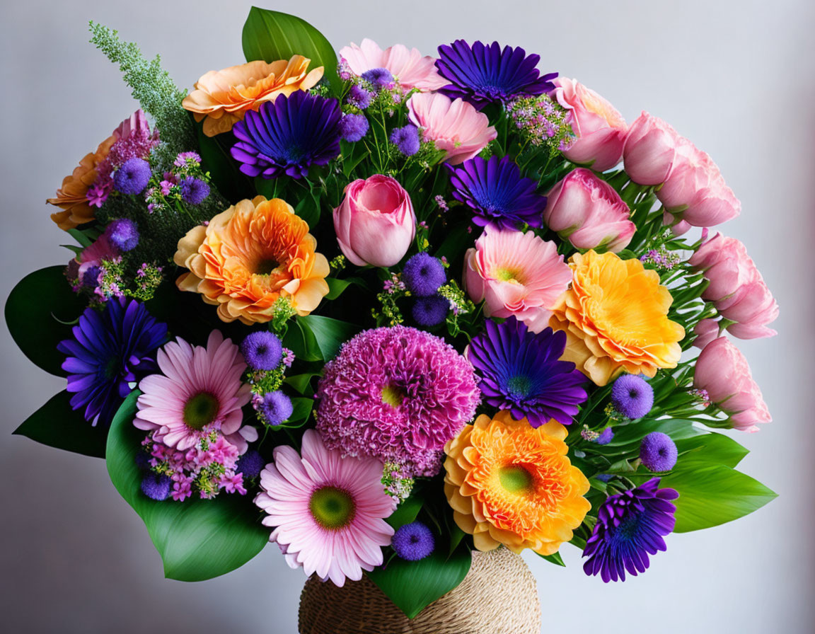 Colorful Flower Bouquet with Tulips, Roses, Daisies, and Greenery in Burl