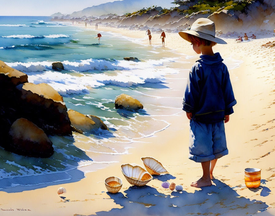 Child in Blue Clothing on Sandy Beach with Seashells and People in Distance