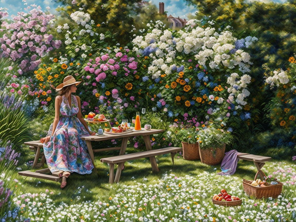 Woman in summer dress and hat at picnic bench with fruit basket and flowers.