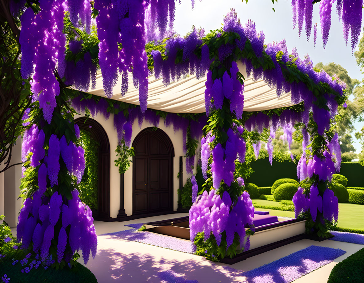 Beautiful pergola with purple wisteria overlooking serene garden.