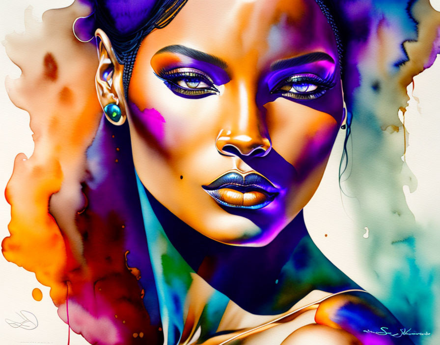 Colorful digital artwork: Woman with bold makeup and watercolor splashes