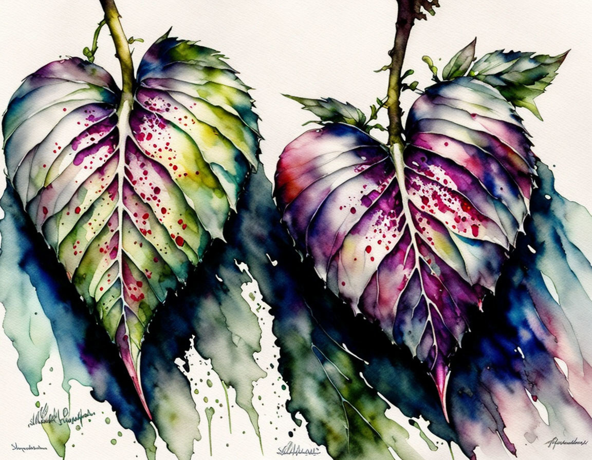 Colorful Heart-Shaped Leaves Watercolor Painting in Purple and Green