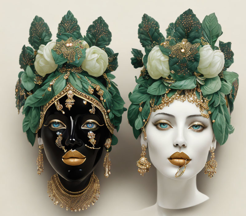 Ornate mannequin heads with leafy headdresses and golden jewelry