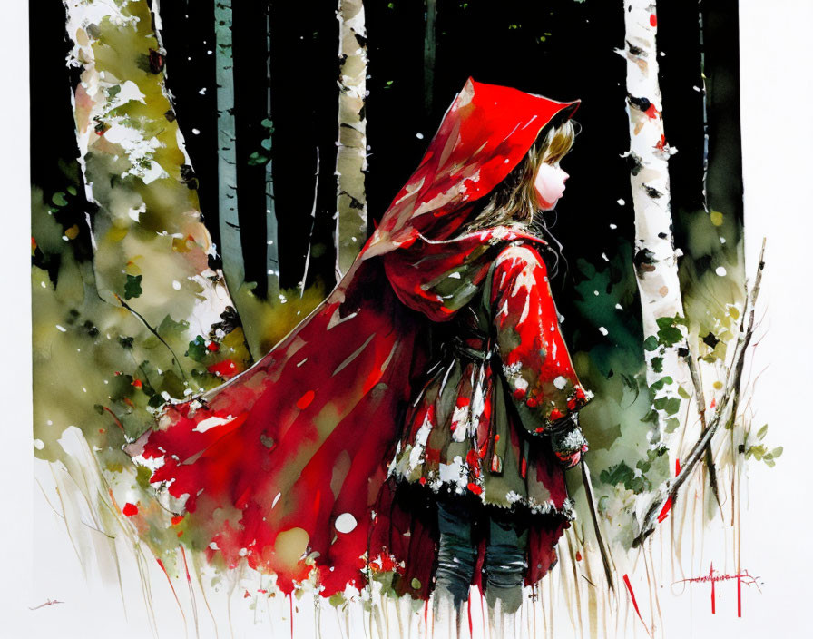 Person in red cloak surrounded by birch forest and paint splashes