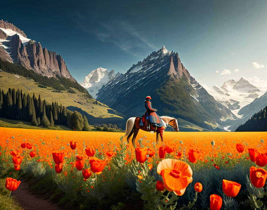 Person on horseback in vibrant poppy field with snow-capped mountains.