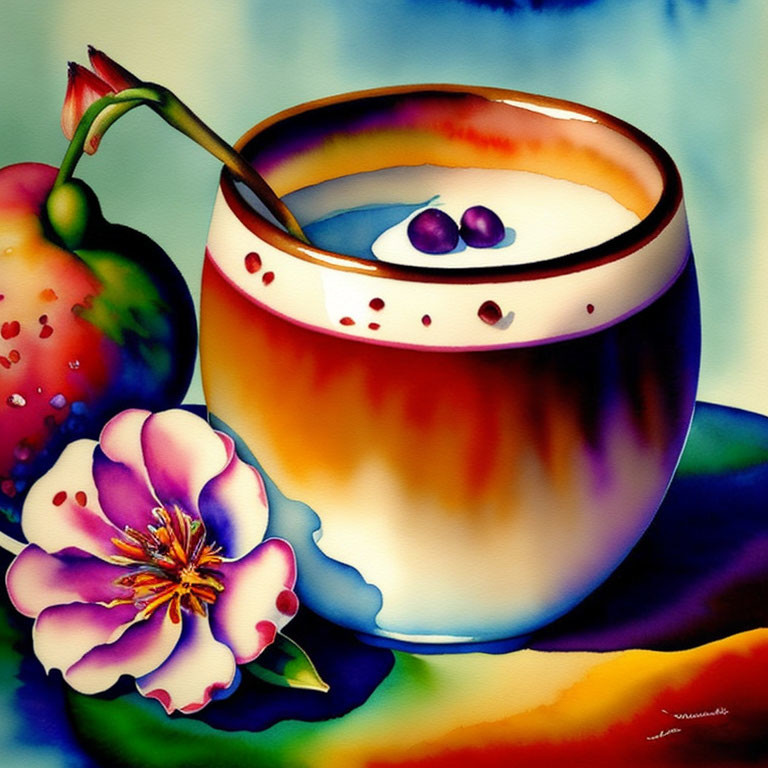 Colorful painting of cup with creamy beverage, berries, strawberry, and flower on abstract background