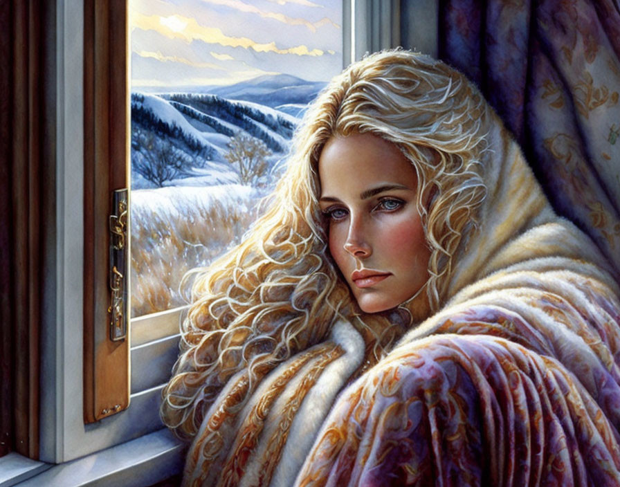 Blonde Woman in Blanket Looking at Snowy Landscape