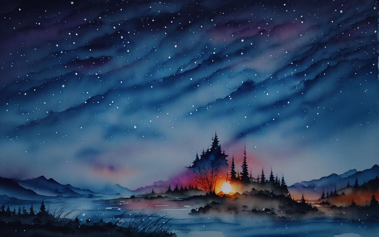 Starlit Sky Watercolor Painting with Aurora Colors and Misty Landscape