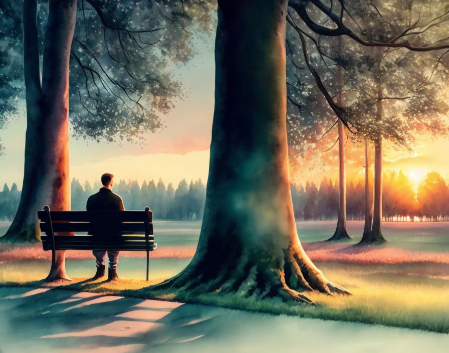 Person sitting on park bench admiring orange and pink sunset over misty landscape