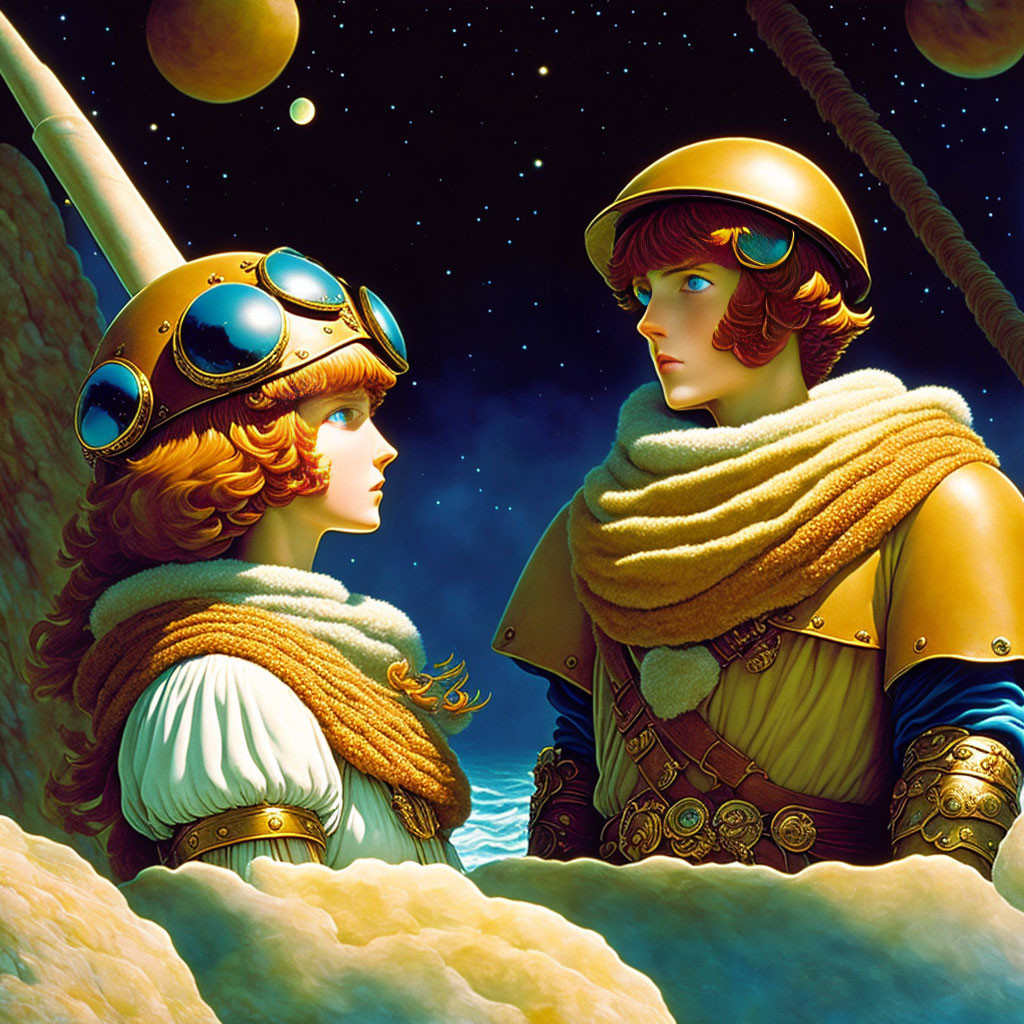 Stylized individuals in retro-futuristic pilot gear against cosmic backdrop