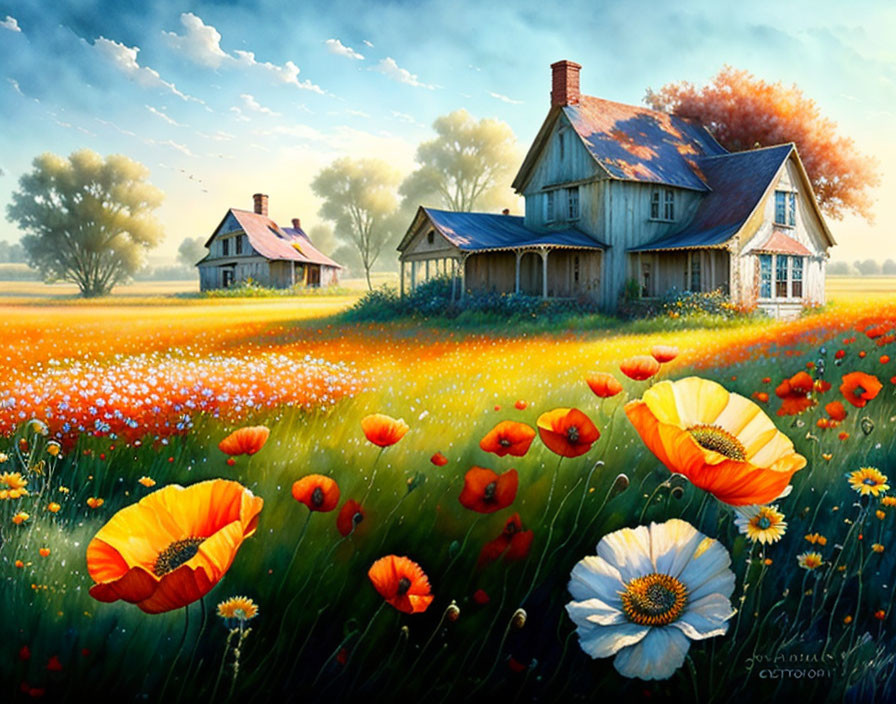 Rustic houses in vibrant field of red poppies and white daisies