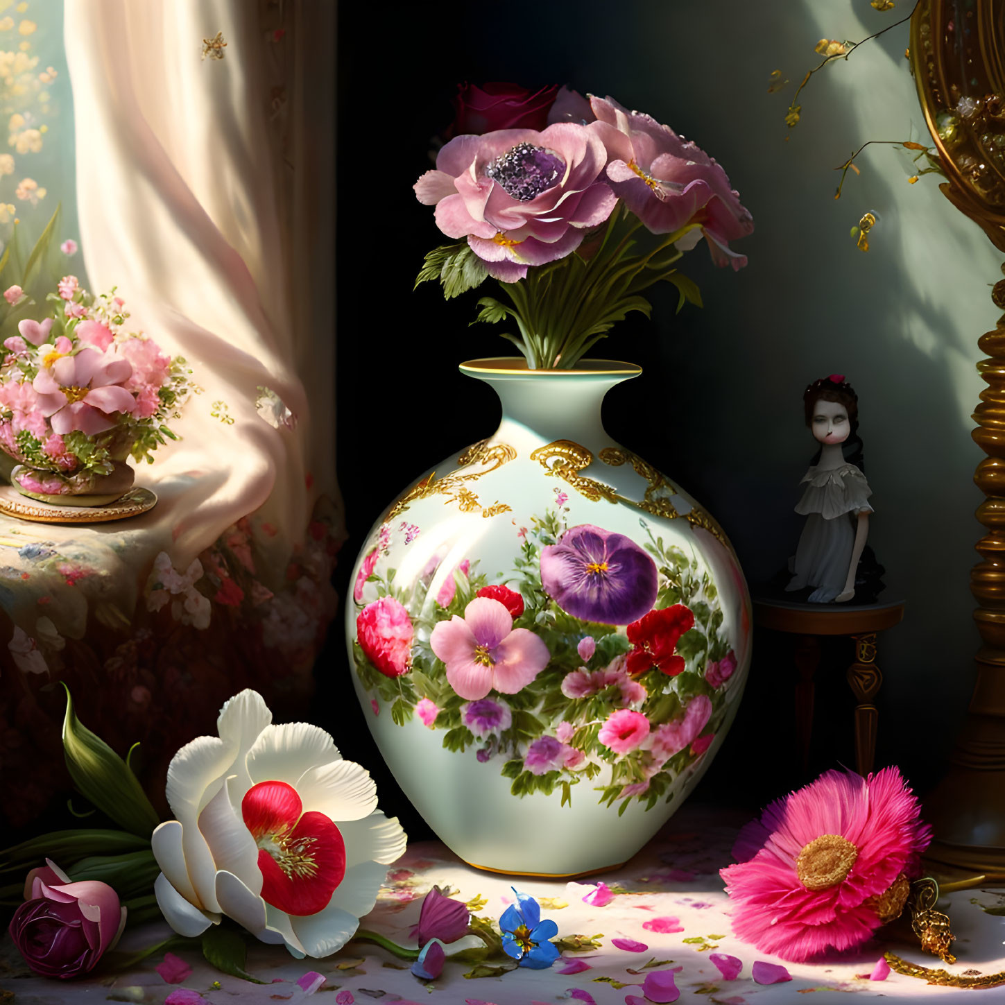 Floral vase with blossoming flowers, doll, and drawn curtain in shadowy setting