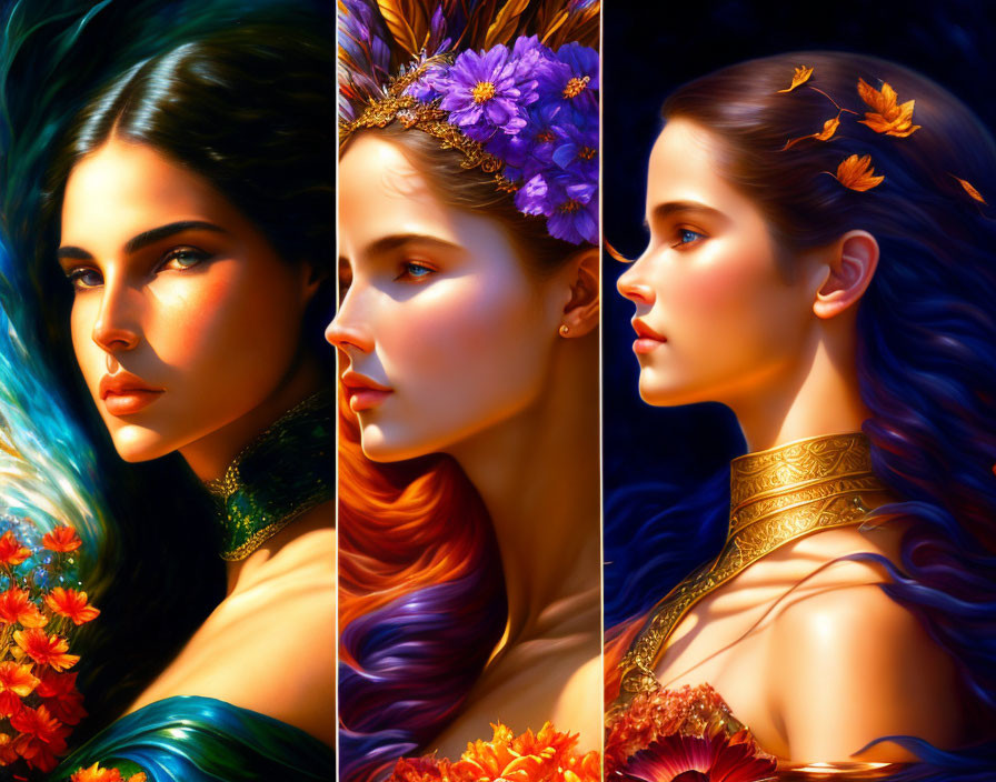 Colorful artistic portraits of women with stylized floral hair in varied expressions and lighting, representing seasons or