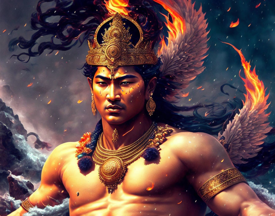 Majestic character with golden crown and jewelry in fiery and watery backdrop