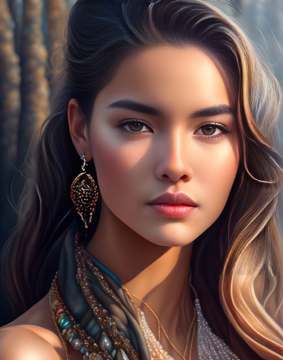 Detailed Portrait of Woman with Long Hair and Elegant Jewelry