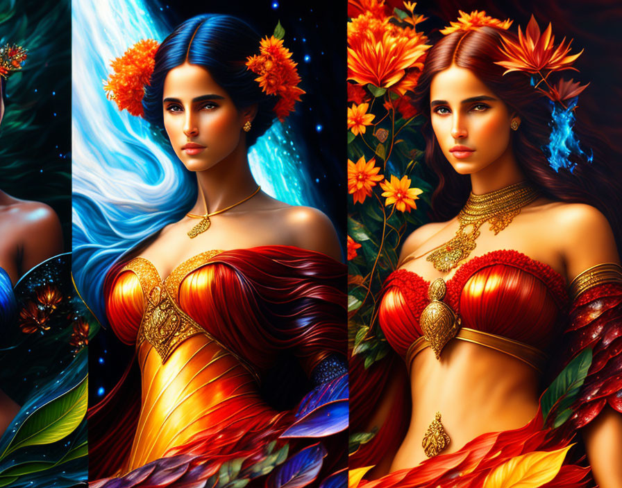 Digital artwork: Woman in autumn attire with floral elements, set in space and floral scenes