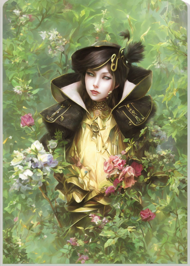 Illustrated female figure in yellow dress with feathers and shoulder pads among greenery