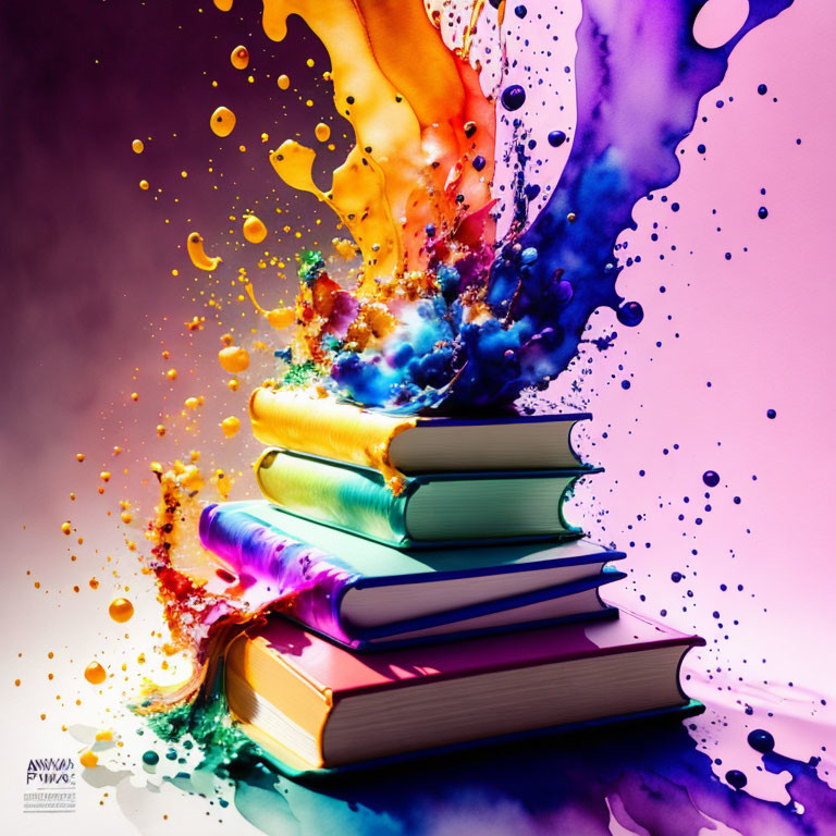 Colorful Books with Dynamic Paint Splashes Display