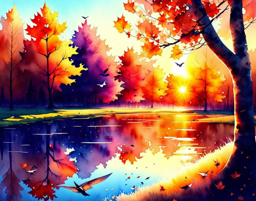 Serene autumn scene with colorful foliage and setting sun