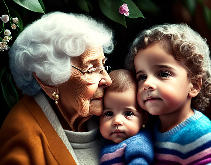 Elderly woman kisses baby, curly-haired child nearby, surrounded by flowering plants