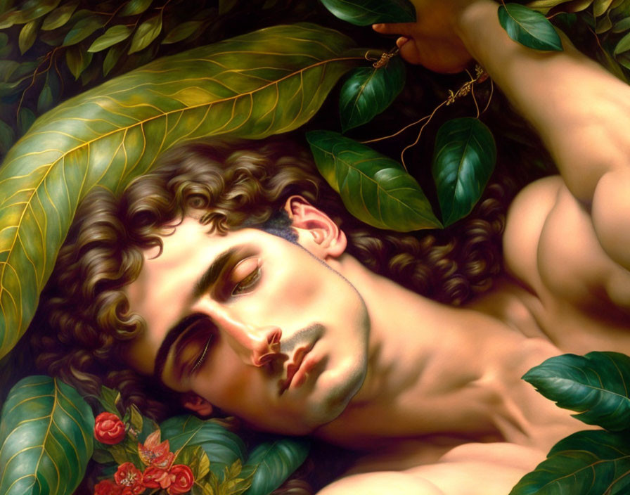 Young man with dark, curly hair resting among lush green leaves in serene slumber