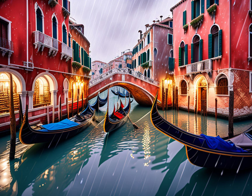 Gondolas on Venice Canal with Bridge and Red Buildings at Twilight