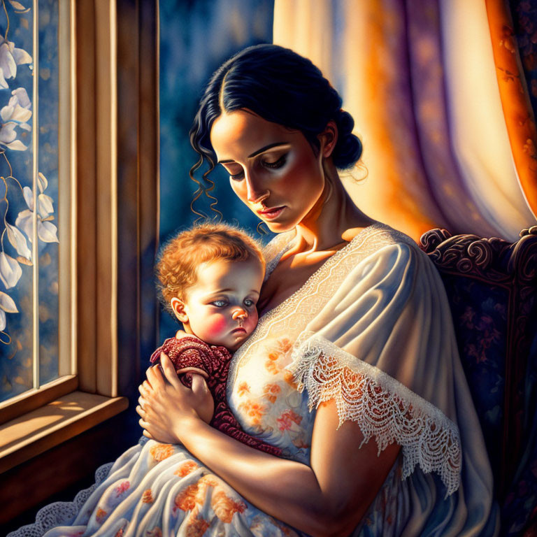 Mother Holding Sleeping Baby by Window in Warm Light