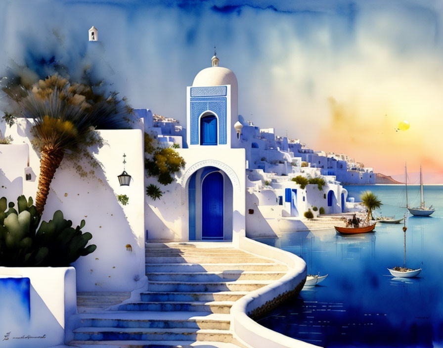 Mediterranean coastal town at sunset with white buildings, blue door, boats, and lush green