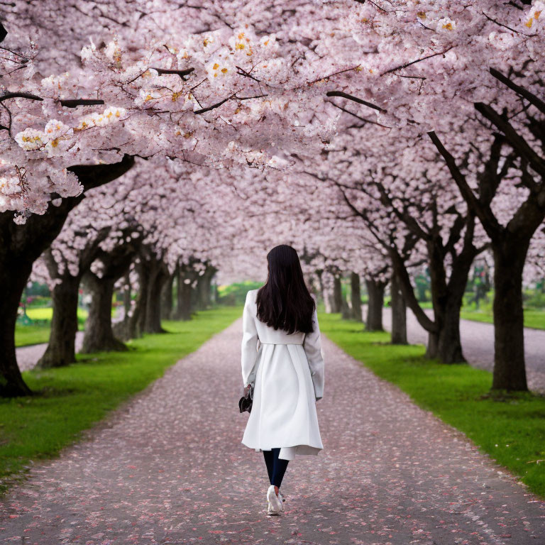 Person walking among blooming cherry trees in a lush park