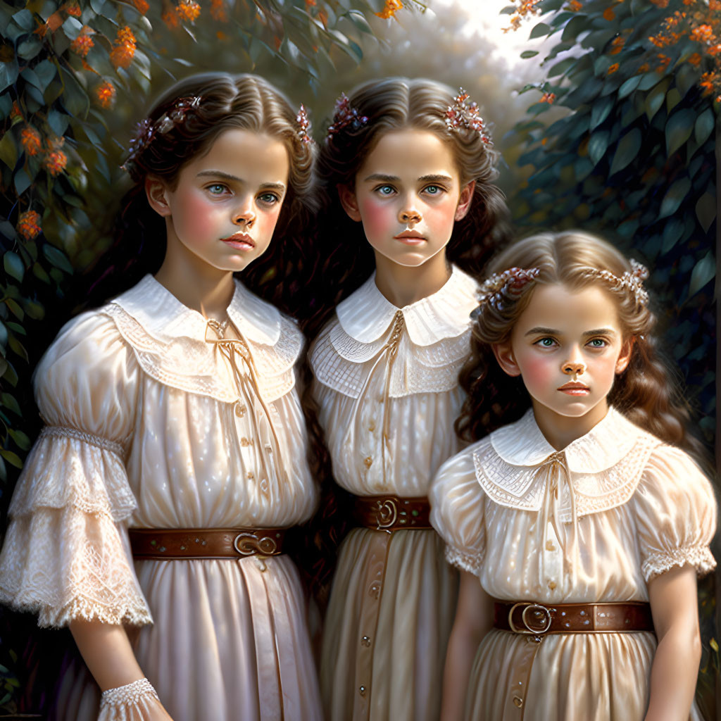 Three girls in vintage dresses and floral crowns in a sunlit garden