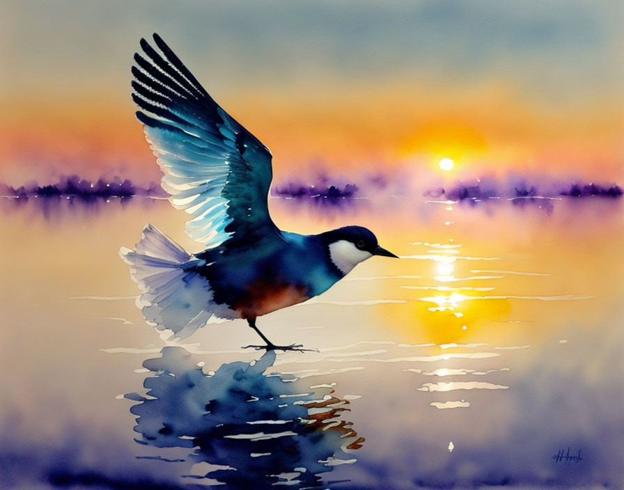 Bird with Outstretched Wings in Watercolor at Sunset