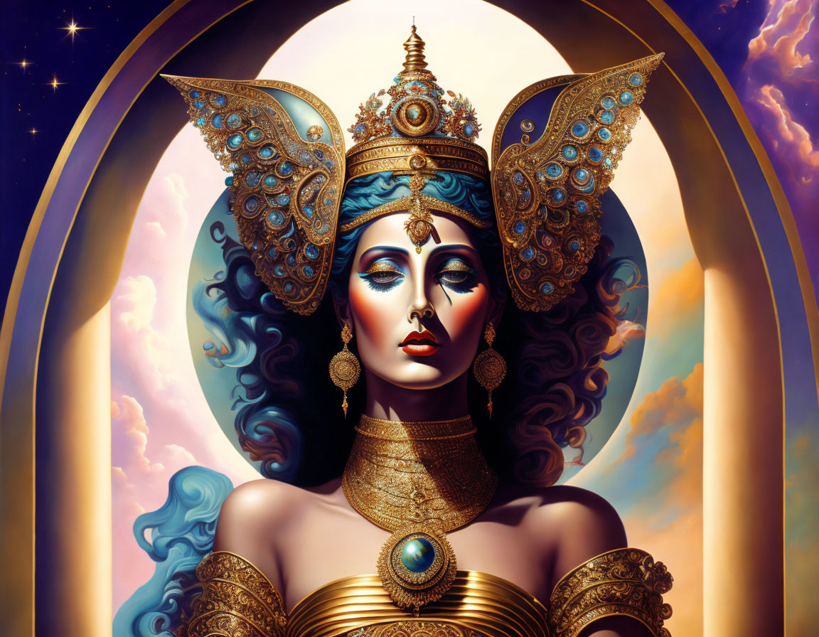 Blue-skinned regal female figure with golden headdress and cosmic background.