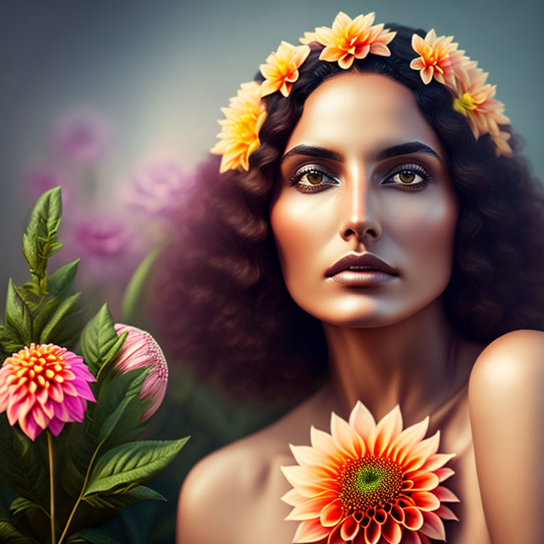 Woman with floral headpiece and sunflower, against blurred floral backdrop