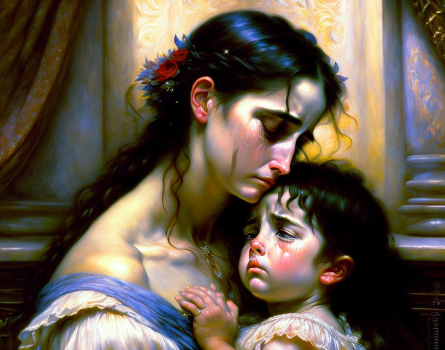 Emotive painting: Woman embracing crying child with tears, warm ornate background