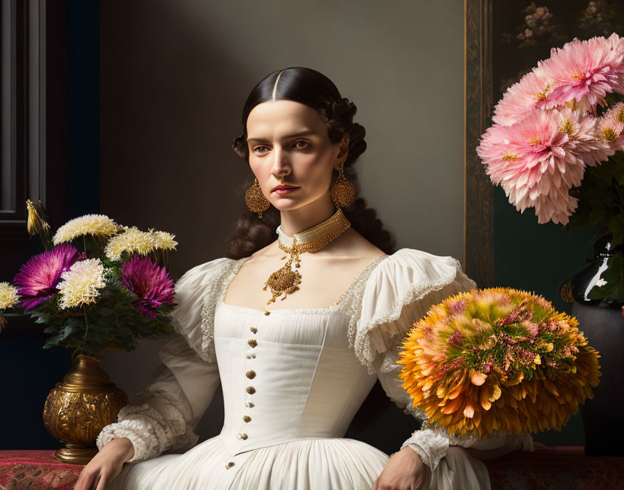 Victorian woman in corseted dress with gold jewelry poses by vibrant flowers